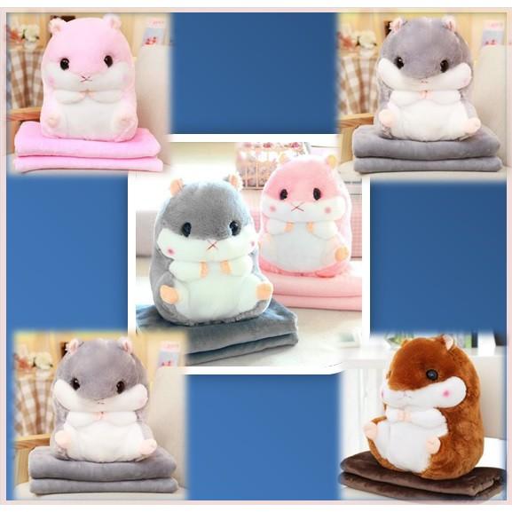 (Tăng móc dán 3D)Bộ Chăn gối văn phòng gấu bông chuột hamster hồng, xám, nâu siêu đáng yêu (gia dung tien ich 68)