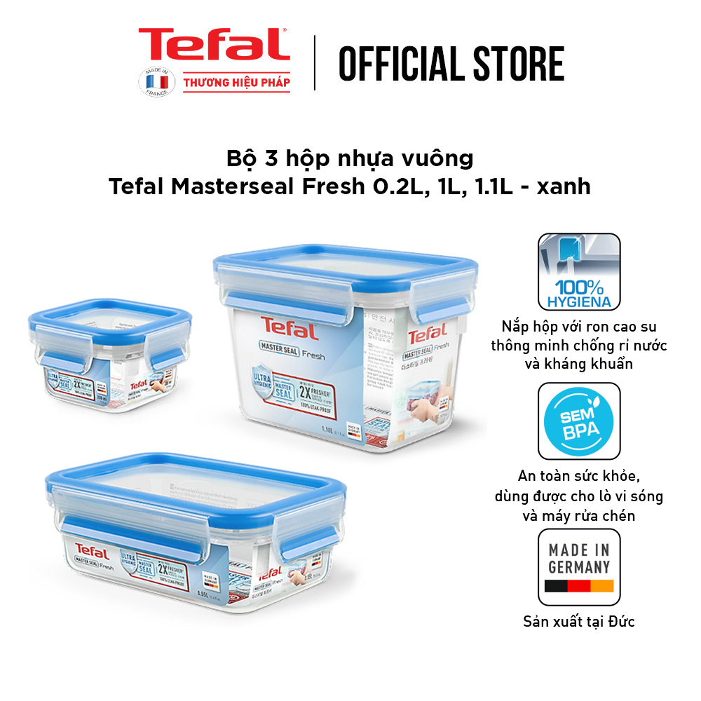 Bộ 3 hộp bảo quản thực phẩm nhựa Tefal Masterseal Fresh (200ml, 1000ml, 1100ml) - Hàng chính hãng