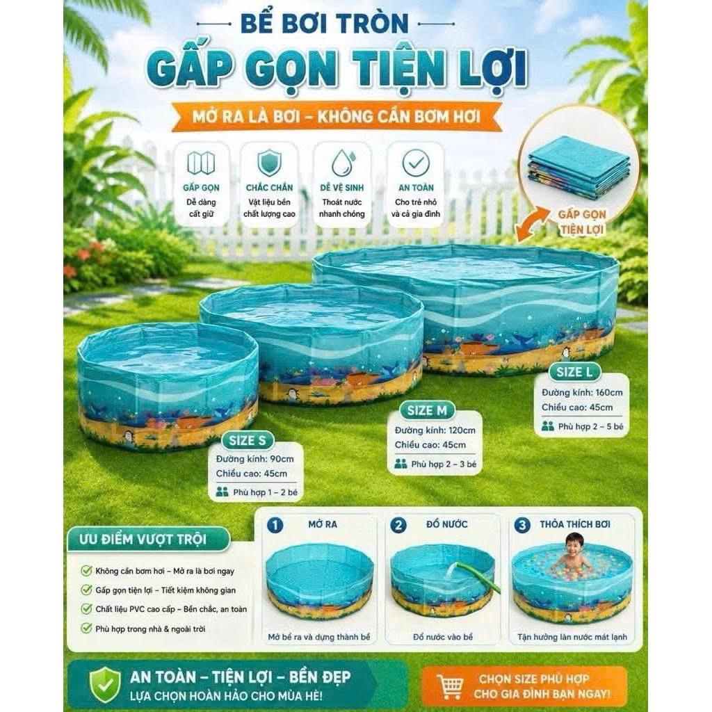 hồ bơi cho bé tại nhà,bể bơi cho bé,Không cần cài đặt và lạm phát,Có thể gập lại,PVC,Nhiều kích cỡ