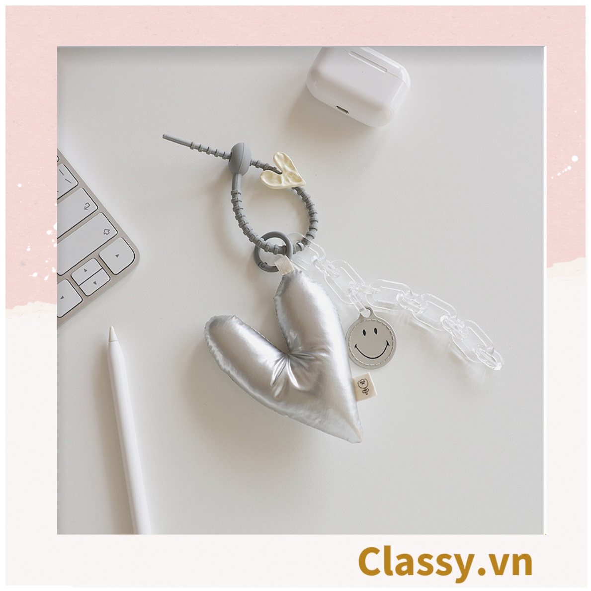 Classy Móc khóa đeo túi, ba lô hình trái tim metalic màu bạc , móc khóa  balo, ví T1766