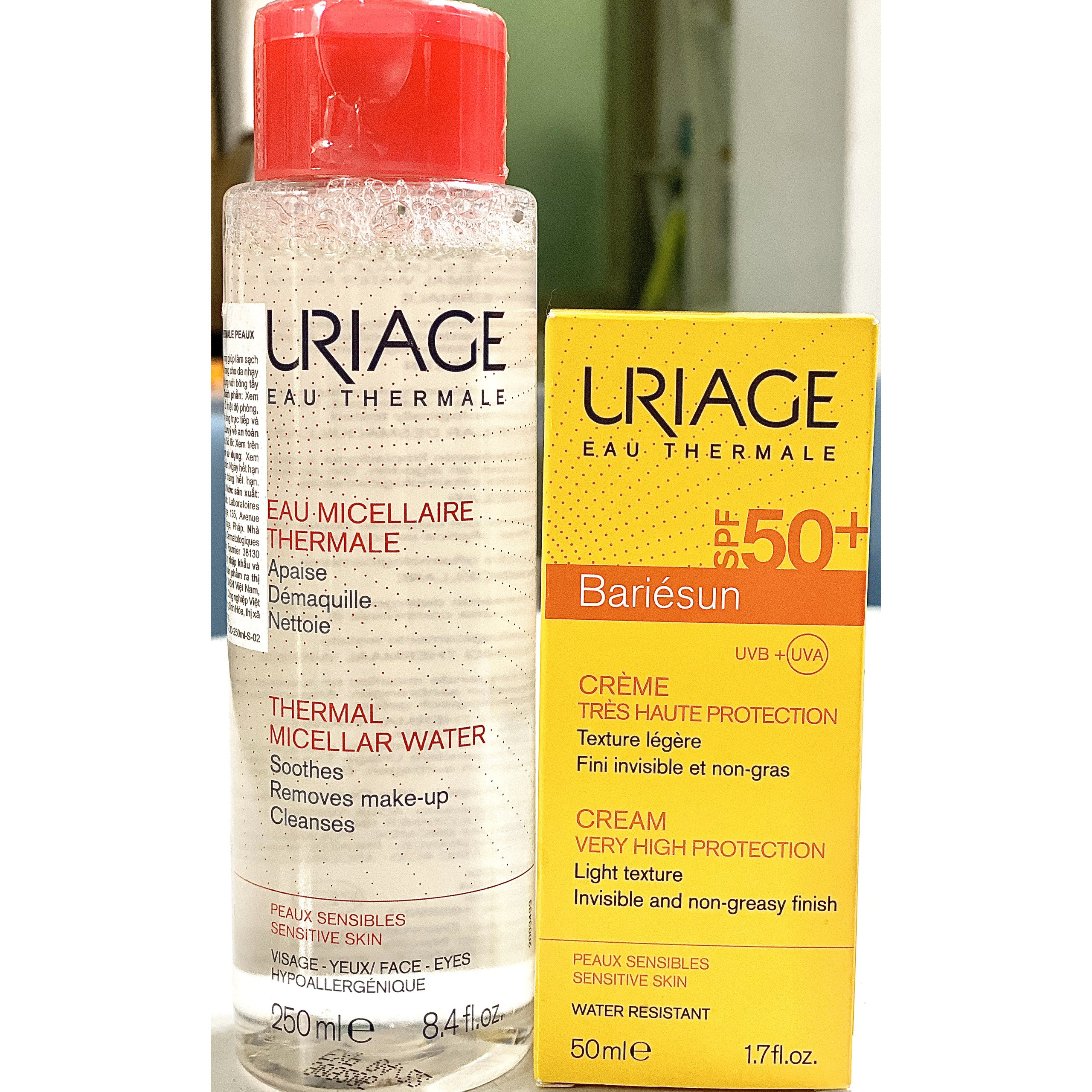 Combo Nước Tẩy Trang Cho Da Dễ Bị Kích Ứng Uriage - Eau Micellaire Thermale P S F (250ml) Và  Kem Chống Nắng Uriage Bảo Vệ Tối Đa SPF50+ Creme 50ml