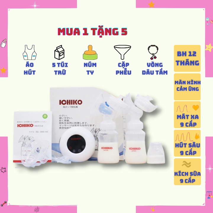 Máy Hút Sữa Điện Đôi ICHIKO Nhật Bản M5 (Massage, Kích sữa ,Vắt Kiệt) 9 cấp độ bảo hành 12 tháng (kèm quà tặng)