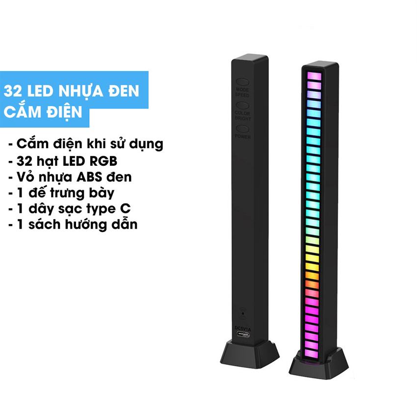 Thanh đèn LED RGB nháy theo nhạc cảm ứng âm thanh 32 hạt LED 16 triệu màu không app dùng trang trí máy tính, decor phòng, gắn trong ô tô