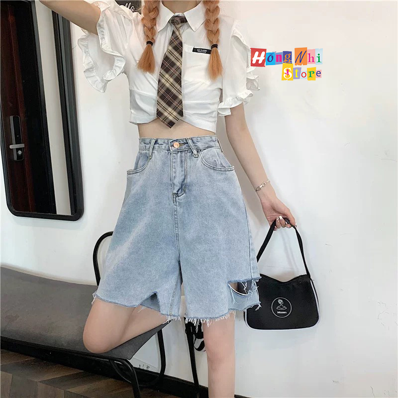 Quần Short Jean Ngố Đùi Rách Gối Tưa Lai Cạp Cao Ống Rộng Ulzzang - MM