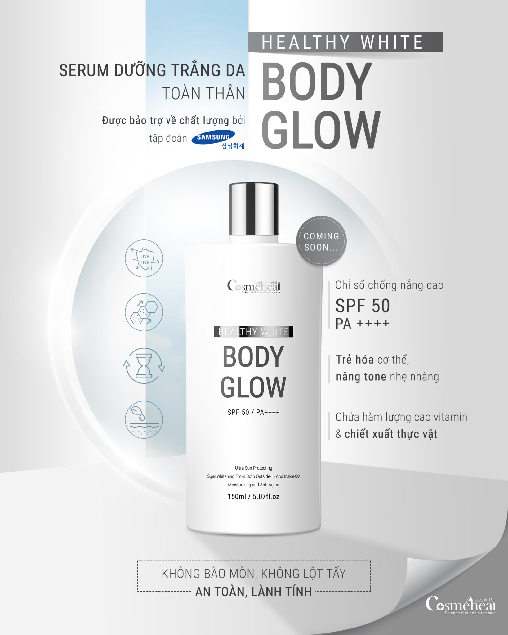 Serum Làm Sáng Da Toàn Thân COSMEHEAL Healthy White Body Glow-Sản Phẩm Được Nghiên Cứu Y Khoa-SPF 50/ PA ++++(150ml)