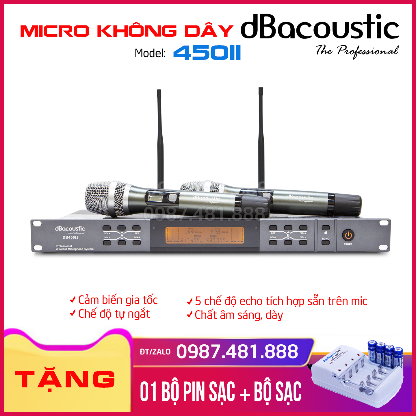 Micro không dây dB Acoustic 450II - Hàng cao cấp - Tích hợp echo - Hàng chính hãng