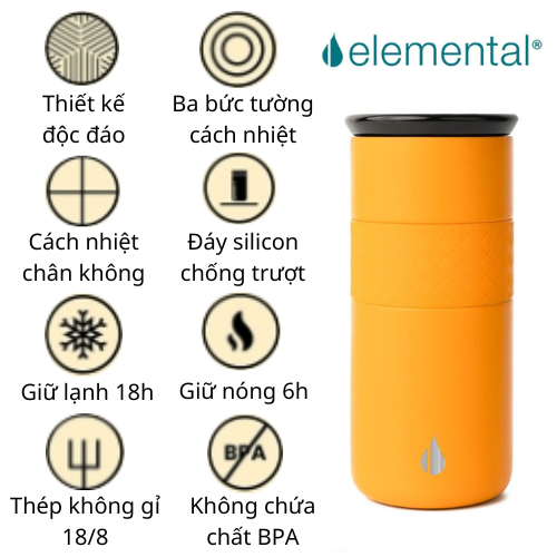 LY GIỮ NHIỆT ARTISAN ELEMENTAL MÀU VÀNG CAM , ĐẠT CHUẨN FDA HOA KỲ, AN TOÀN SỨC KHỎE, THÉP 304 KHÔNG GỈ, GIỮ NÓNG LẠNH