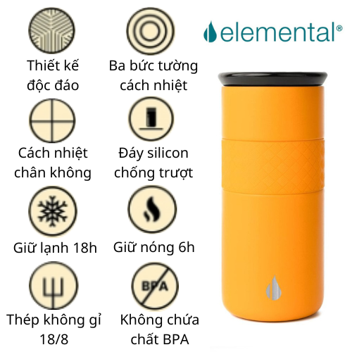 LY GIỮ NHIỆT ARTISAN ELEMENTAL MÀU VÀNG CAM (480ML), ĐẠT CHUẨN FDA HOA KỲ, AN TOÀN SỨC KHỎE, THÉP 304 KHÔNG GỈ, GIỮ NÓNG LẠNH 