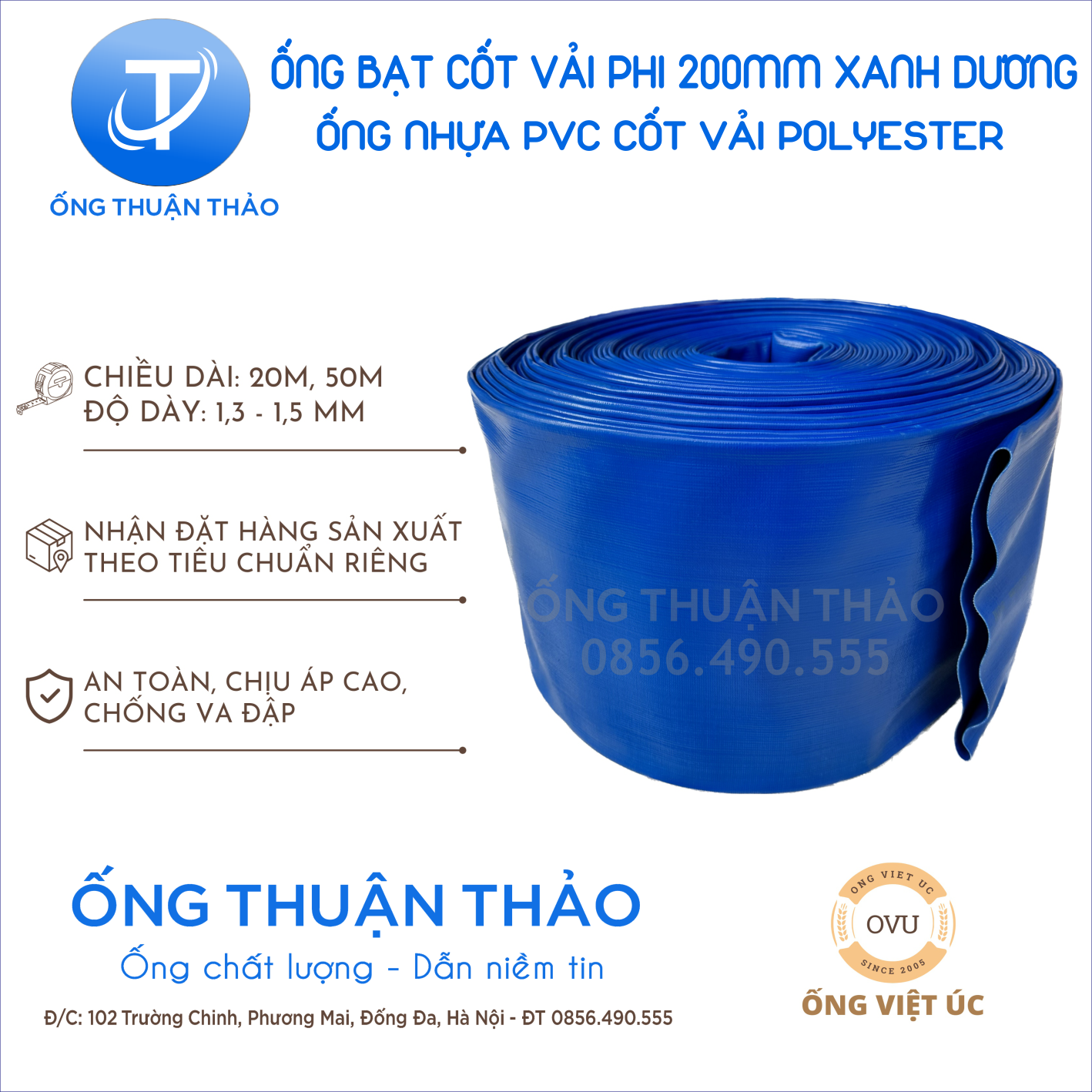 ỐNG BẠT CỐT DÙ PHI 200MM XANH DƯƠNG CUỘN 20 MÉT- ỐNG BẠT NƯỚC ỐNG THUẬN THẢO