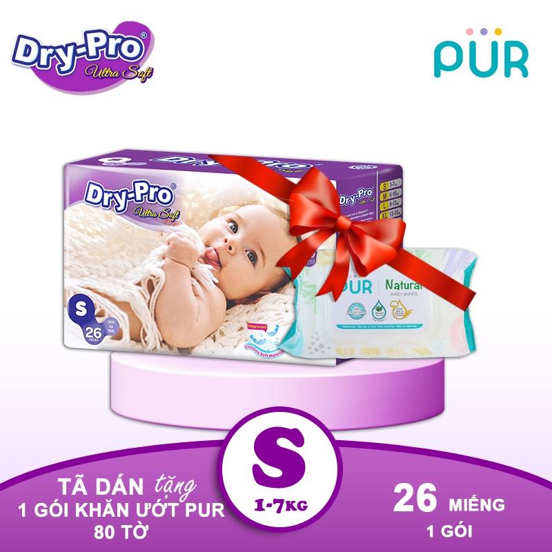 Combo Tã/bỉm dán Dry-Pro S26 (3kg-7kg) + tặng 1 gói khăn ướt Pur 80 tờ cho bé