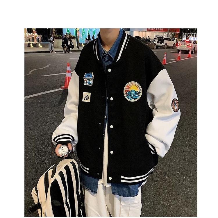 Áo Khoác Bomber Nỉ Bông Thêu Logo Sóng Nổi Varsity Form Rộng Unisex Nam Nữ Phối Phong Cách Ulzzang