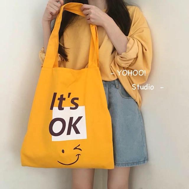 Túi tote It’s ok chất vải dày dặn hai ngăn thời trang - Tặng dây buộc tóc hoa quả