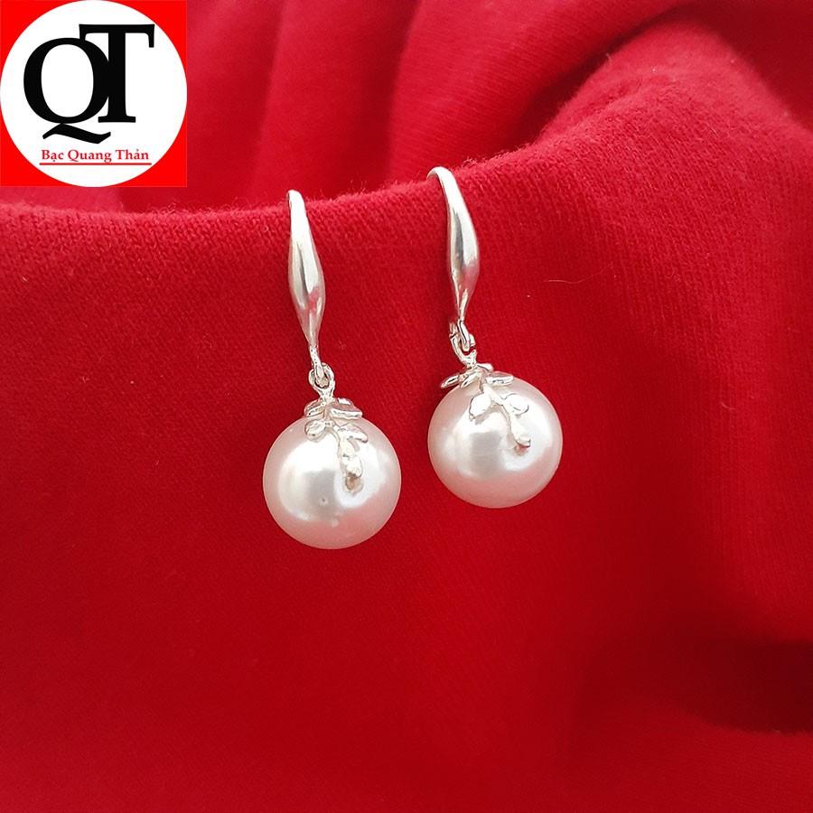 Bông tai bạc nữ ngọc nhân tạo màu trắng size 10ly giáng dài 100% chất liệu bạc thật Bạc Quang Thản - QTBT21