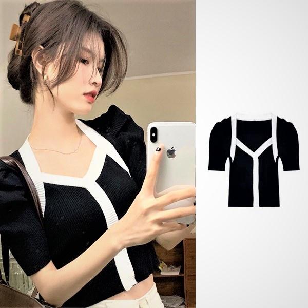 Áo len Montoghi dệt kim LINE GIỮA phối ÁO KHOÁC TAY PHỒNG cổ chữ V xinh xắn