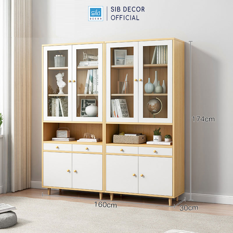 Tủ Gỗ Đa Năng Hiện Đại Kết Hợp Cửa Kính Thương Hiệu SIB Decor Màu Trắng Phối Vân Gỗ Sồi 