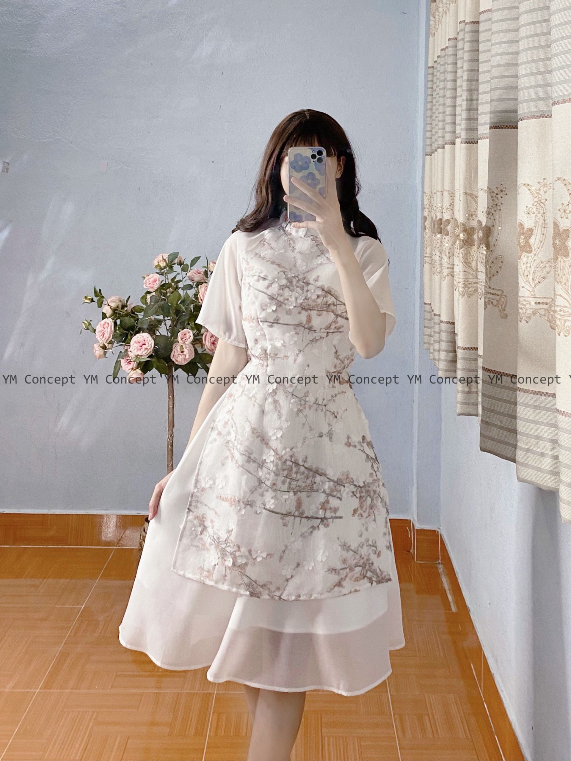 Sét áo dài hoa nổi phối voan tay lửng