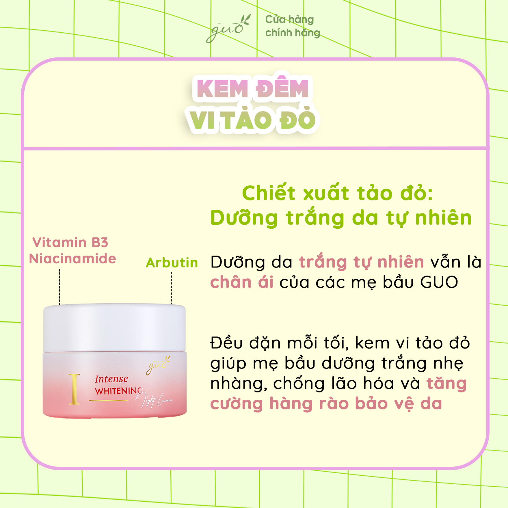 Kem Vi Tảo Đỏ Dưỡng Ẩm Trắng Da GUO - Intense Whitening Night Cream 30gr