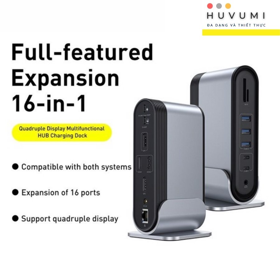 [Hàng Chính Hãng] Hub chuyển đổi đa năng 16 trong 1 Baseus Working Station Four-Screen Multifunctional Type-C HUB Adapter (Xuất 4 màn hình cùng lúc, CN+EU+US) LVM002-HG-GY