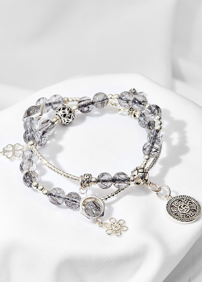Vòng tay đôi thạch anh tóc đen phối bạc Ngọc Quý Gemstones
