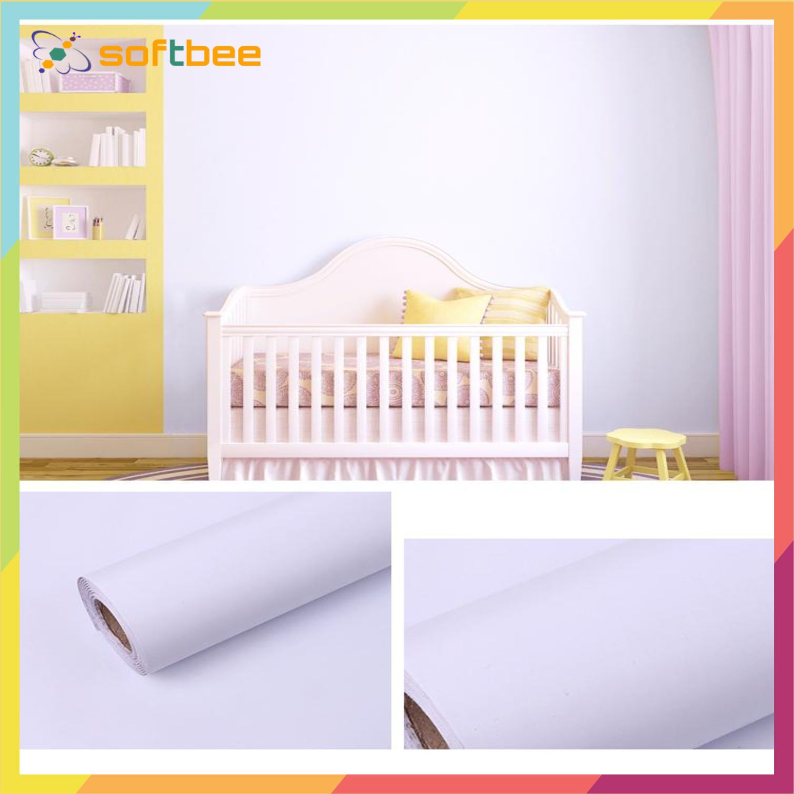 Giấy dán tường màu trắng, chất liệu decal chống nước, kích thước 0.45m x 10m / cuộn