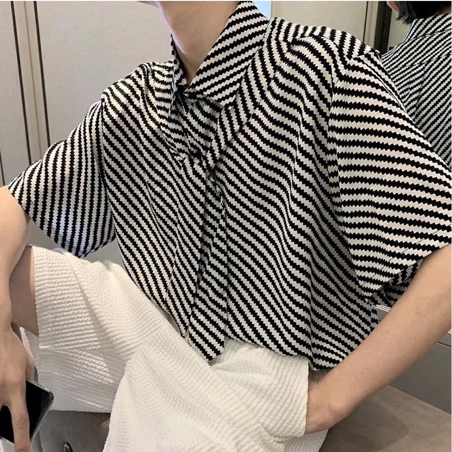 Áo Sơ Mi Lụa Ngắn Tay In Họa Tiết Ngựa Vằn Cá Tính Thời Trang Hàn Quốc Cho Nam