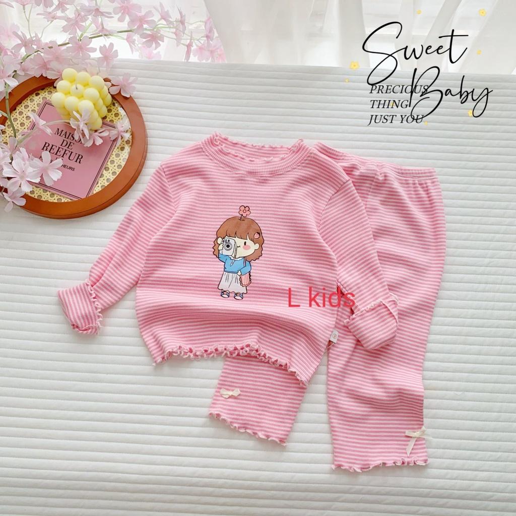 Bộ dài tay sọc len tăm mềm mịn ấm cho bé gái từ 7-19kg