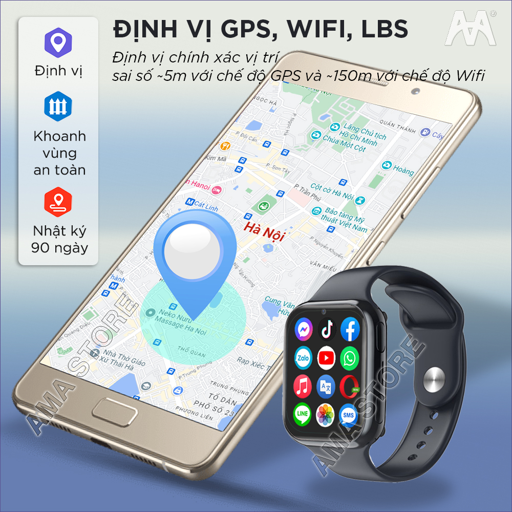 Đồng hồ Thông minh AMA Watch D42 có CHPlay xem được Youtube Gắn sim 4G Định vị Kép GPS Wifi Hàng Chính Hãng