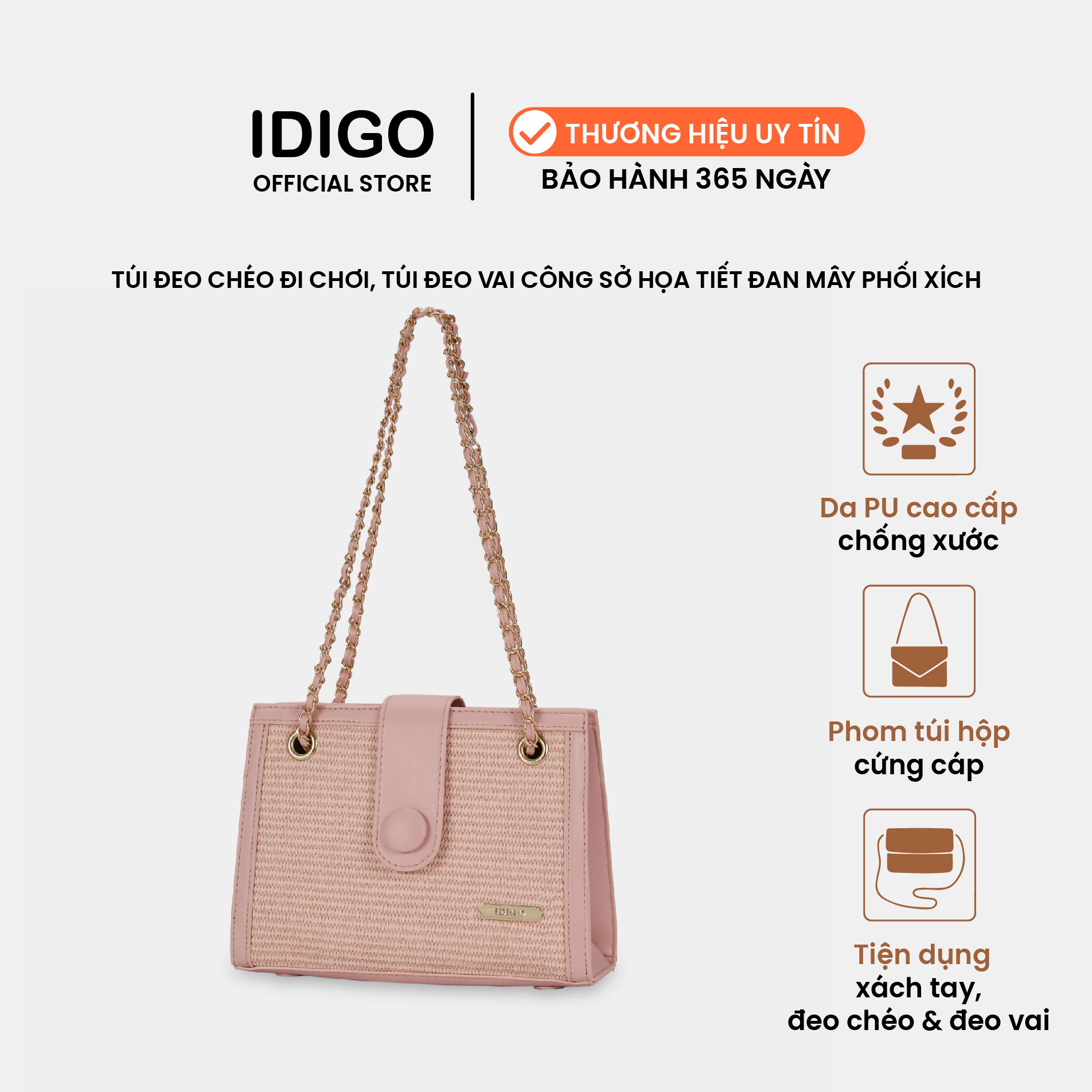 Túi đeo vai công sở, túi đeo chéo nữ phom cứng, họa tiết đan mây phối dây xích IDIGO FB2 - 5061