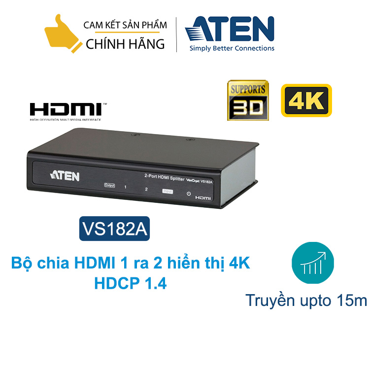 Bộ chia HDMI 1 ra 2 hiển thị 4K - Aten VS182A, hỗ trợ lên 15m, HDCP- Hàng chính hãng