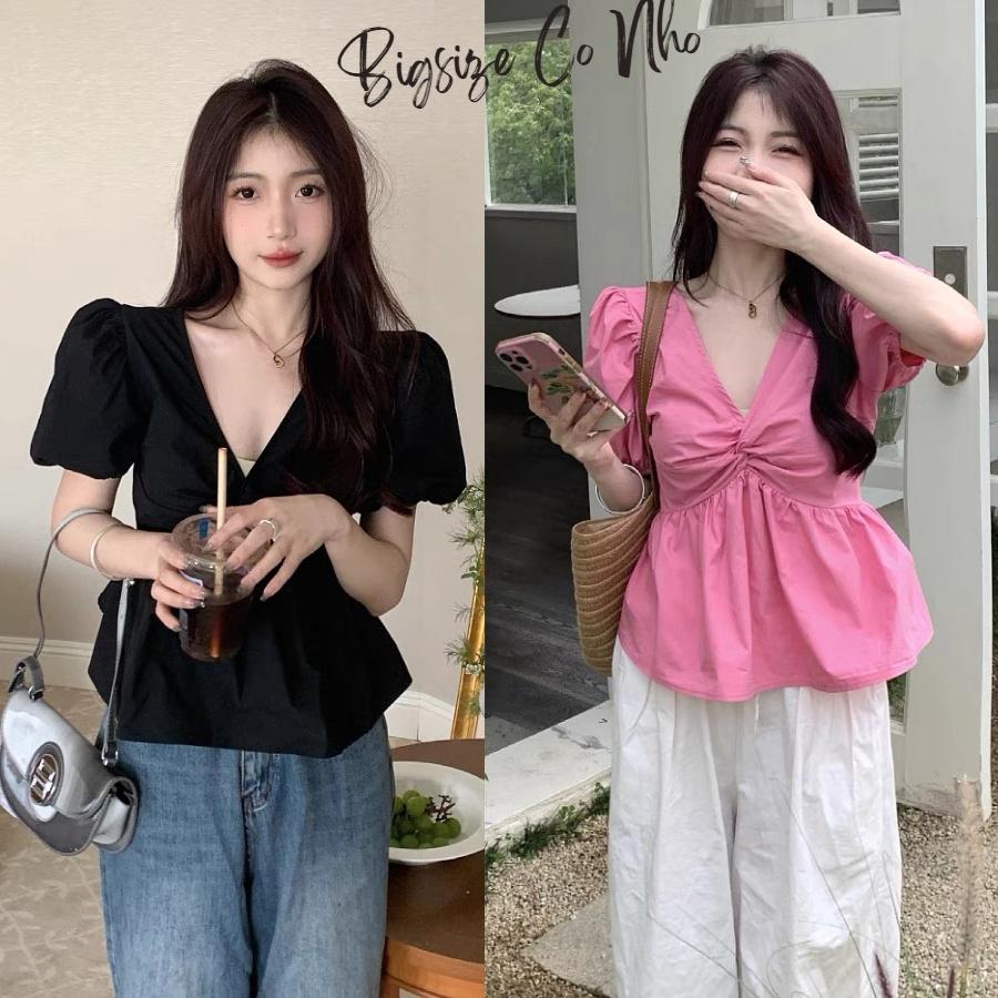 Áo sơ mi bigsize nữ cổ V xoắn ngực dáng babydoll đứng form mặc thoải mái, Áo kiểu nữ big size 58-95kg SM12 - Màu đen