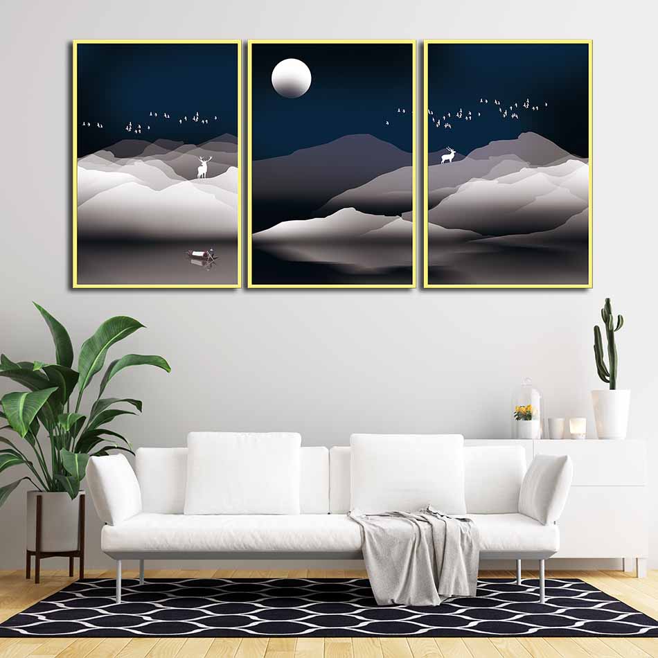 Bộ 3 tranh canvas treo tường Decor họa tiết cách điệu hươu và rừng cây, phong cách đơn giản, tinh tế - DC055