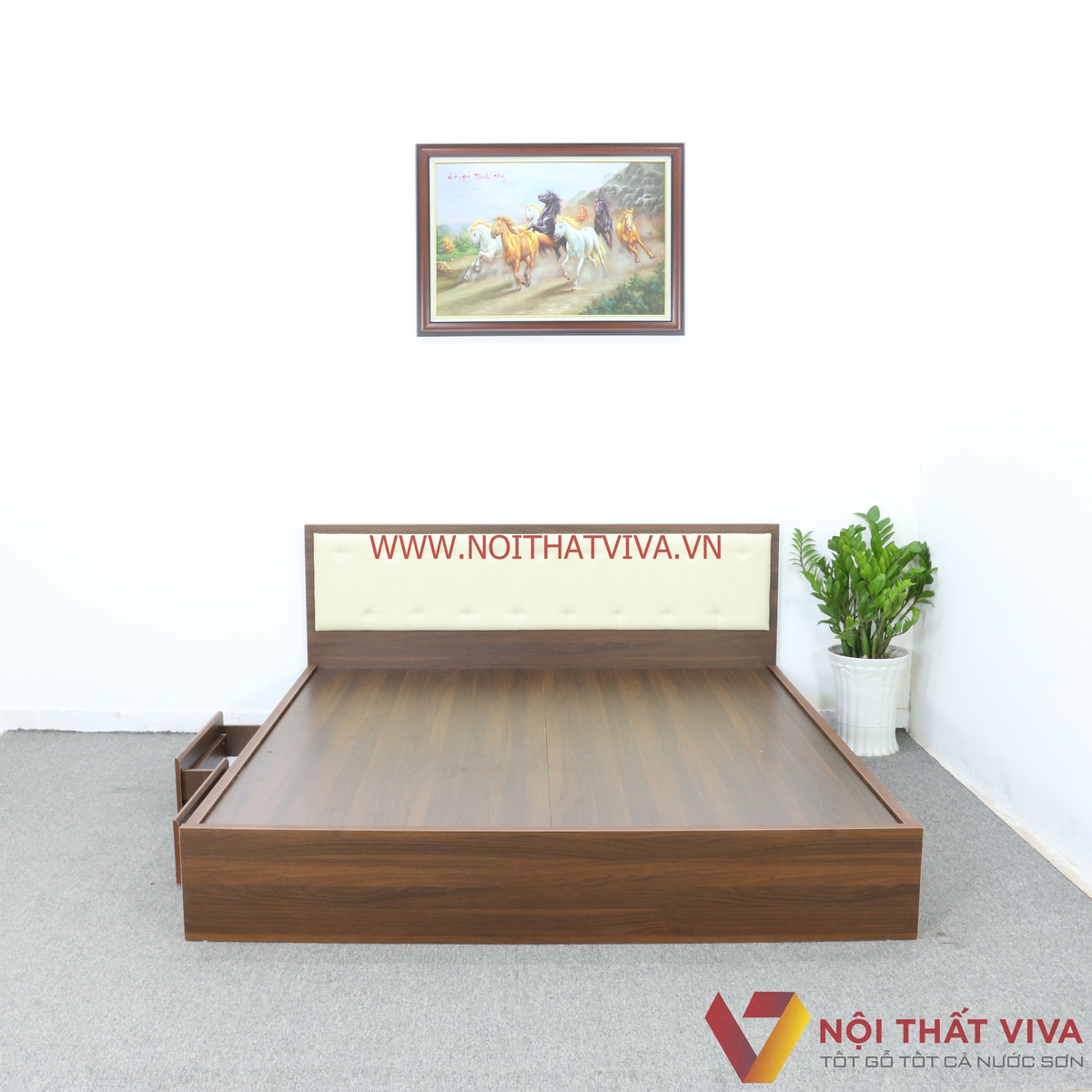Giường Ngủ Gỗ MDF Melamine Màu Nâu Có Ngăn Kéo + Đầu Nệm Kem Đẹp