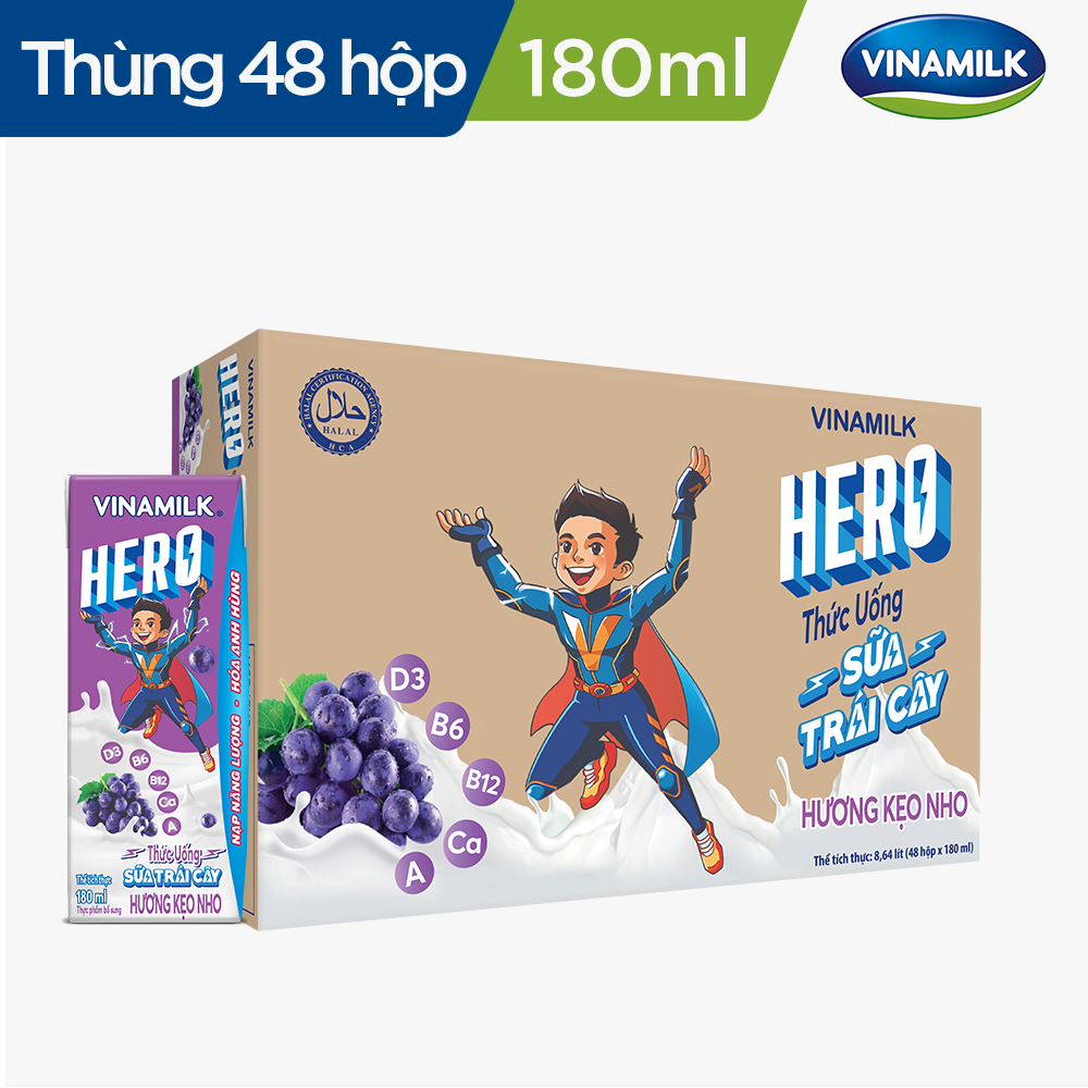 THỨC UỐNG SỮA TRÁI CÂY HERO VỊ KẸO NHO VINAMILK - HỘP X 180ML