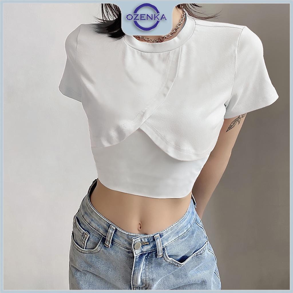 Áo croptop ngắn kiểu đắp chéo cộc tay nữ OZENKA , áo crt gợi cảm ulzzang cotton màu đen trắng dưới 55 cân