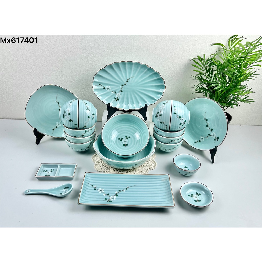Bộ bát đĩa ăn cơm, bộ đĩa men lam ngọc gốm sứ Bát Tràng vẽ hoa đào trắng cao cấp nhiều mẫu