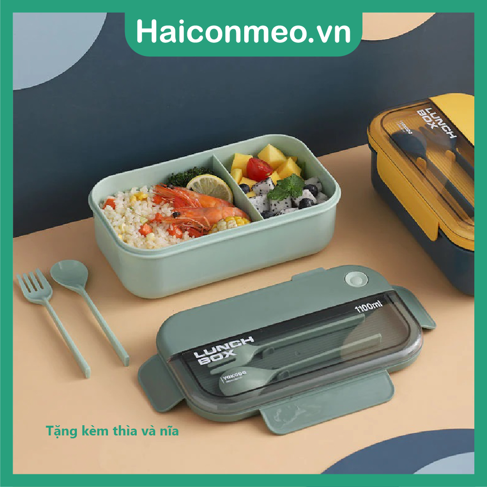 Tặng sticker Hộp Cơm LUNCH BOX Nhựa Dẻo PP Có 2 Ngăn Và Nắp Kèm Đũa Muỗng 1100ml