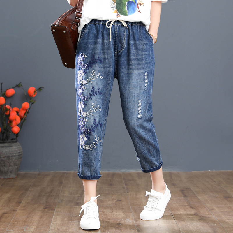 Quần jean bò baggy thêu hoa dây dễ thương QB35