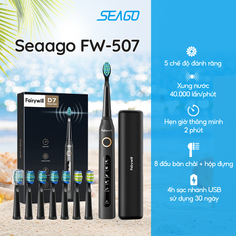 Bàn chải đánh răng điện Fairywill 507 kèm 8 đầu thay thế - Hàng chính hãng
