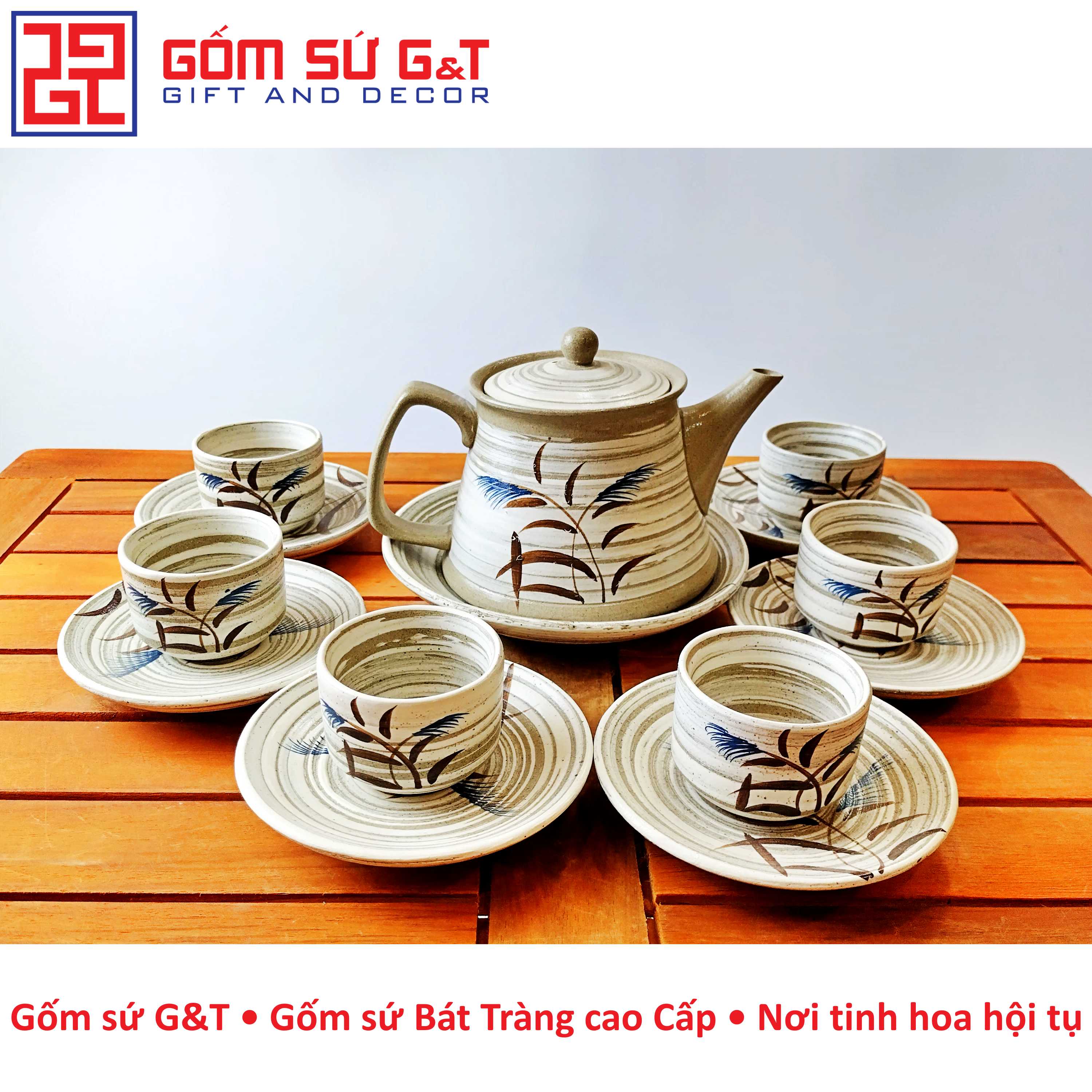 Bộ trà hồng sa cỏ xước trắng Gốm Sứ G&T