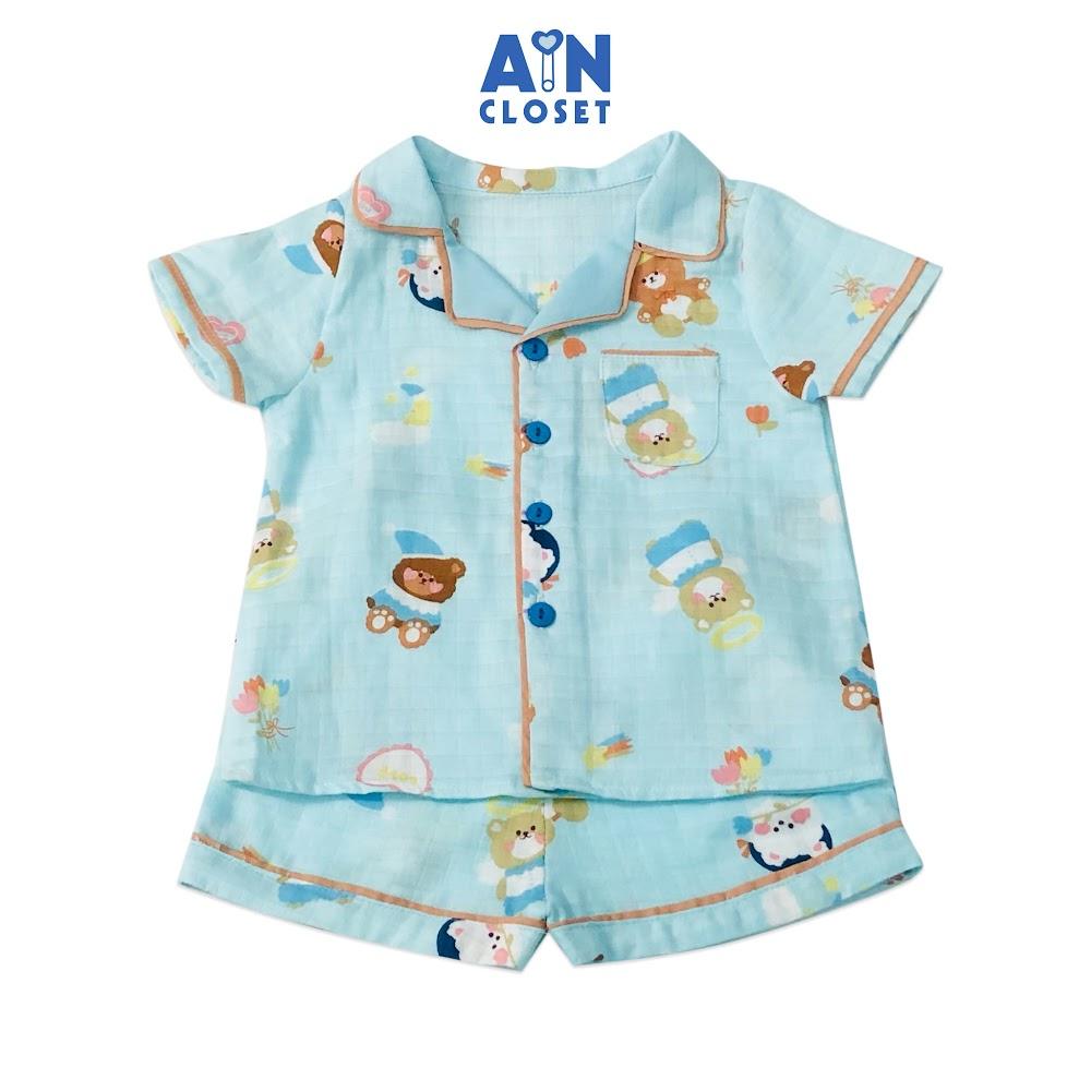 Bộ quần áo ngắn unisex họa tiết Gấu xanh xô sợi tre - AICDBTU4EFHB - AIN Closet