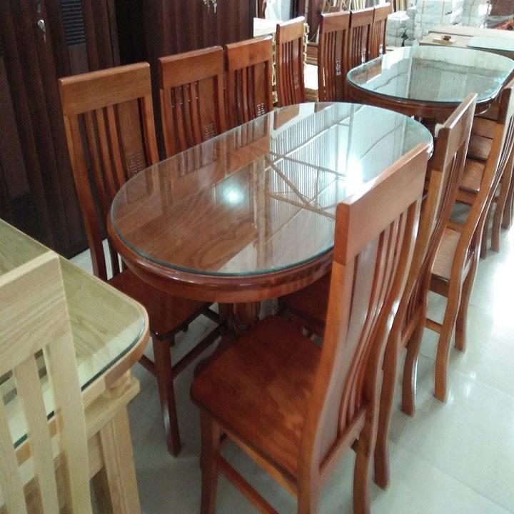 bộ bàn ghế ăn gỗ sáu ghế bầu dục có kính bàn