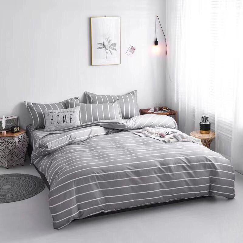 Bộ chăn ga gối kẻ ngang Cotton Poly cao cấp phong cách Hàn Quốc đủ size miễn phí bo chun drap ga giường theo yêu cầu