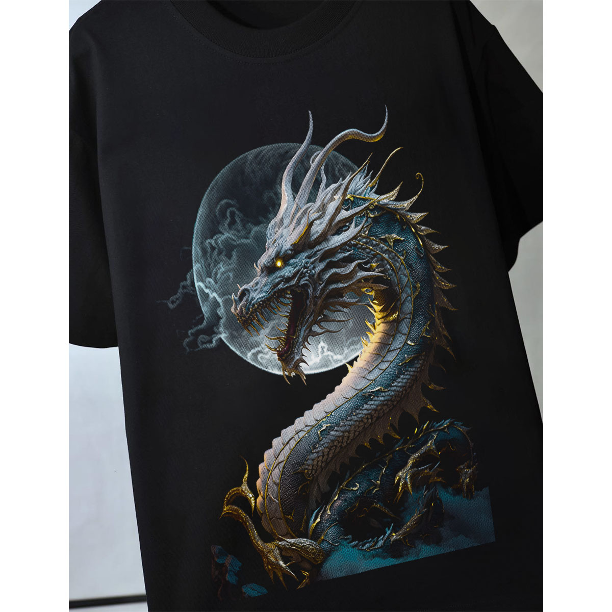 Áo thun nam cổ tròn tay ngắn TeeSett big size boy phố cotton màu đen in hình rồng xanh graphic design