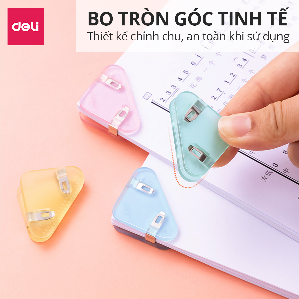 Set 4 kẹp giấy, kẹp đánh dấu trang sách, kẹp hồ sơ tài liệu tam giác bằng nhựa Deli thiết kế dễ thương màu pastel