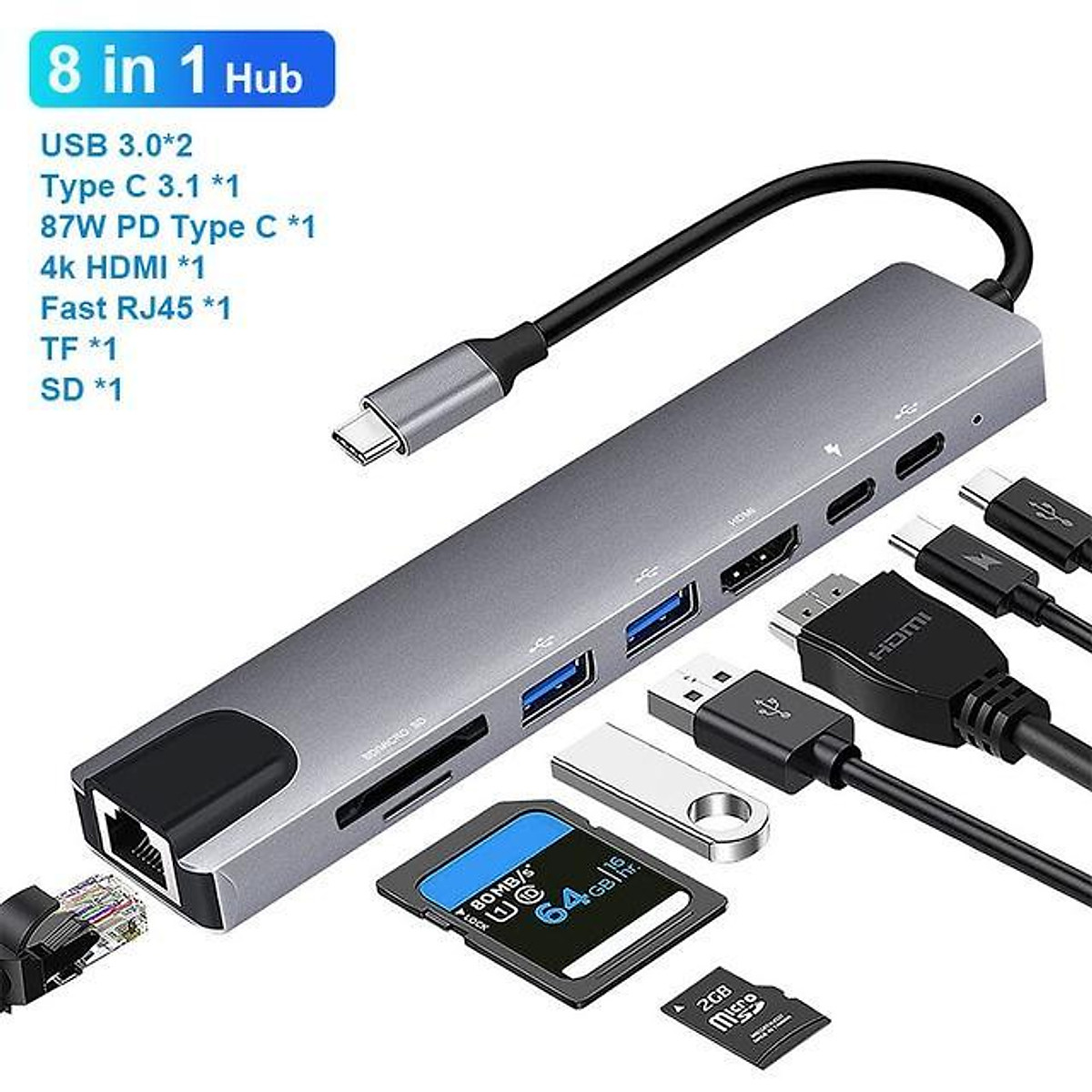 Bộ Chuyển Đổi Hub USB C Hub 8 Trong 1 Type C 3.1 Sang 4K RJ45 Đọc Thẻ SD / TF Cho MacBook Notebook Laptop Máy Tính-Hàng Chính Hãng