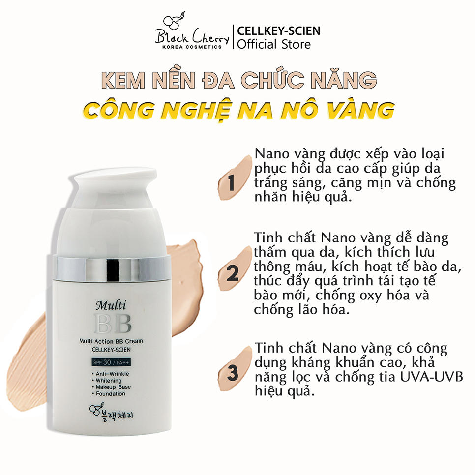 Kem Nền Che Khuyết Điểm Kiềm Dầu Chống Nắng Dưỡng Da Ngăn Ngừa Lão Hóa Công Nghệ Nano Vàng Cellkey-Scien Multi Action BB Cream (30ml)