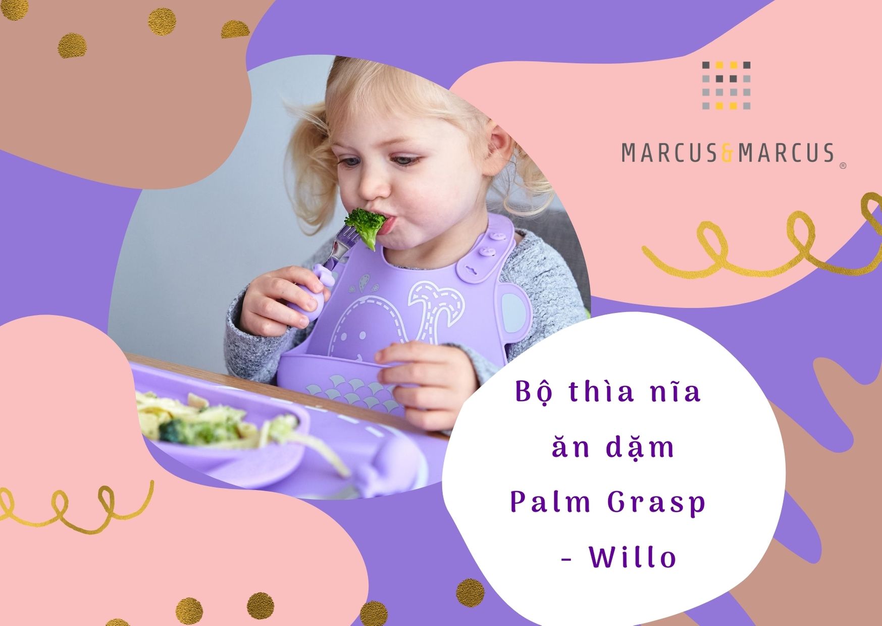 Bộ thìa nĩa tập ăn cho bé Palm Grasp Marcus &amp; Marcus, từ 18 tháng