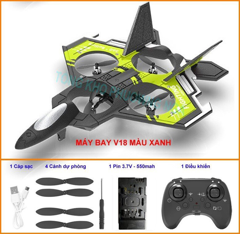 Máy bay điều khiển từ xa V18 Đồ chơi điều khiển từ xa cho bé - Pin sạc, 4 động cơ bền bỉ, có đèn led ban đêm