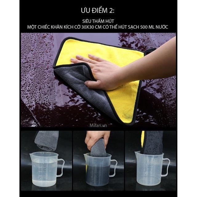 Khăn lau xe ô tô sợi Microfiber 2 mặt vàng -xám siêu thấm dày chuyên dụng