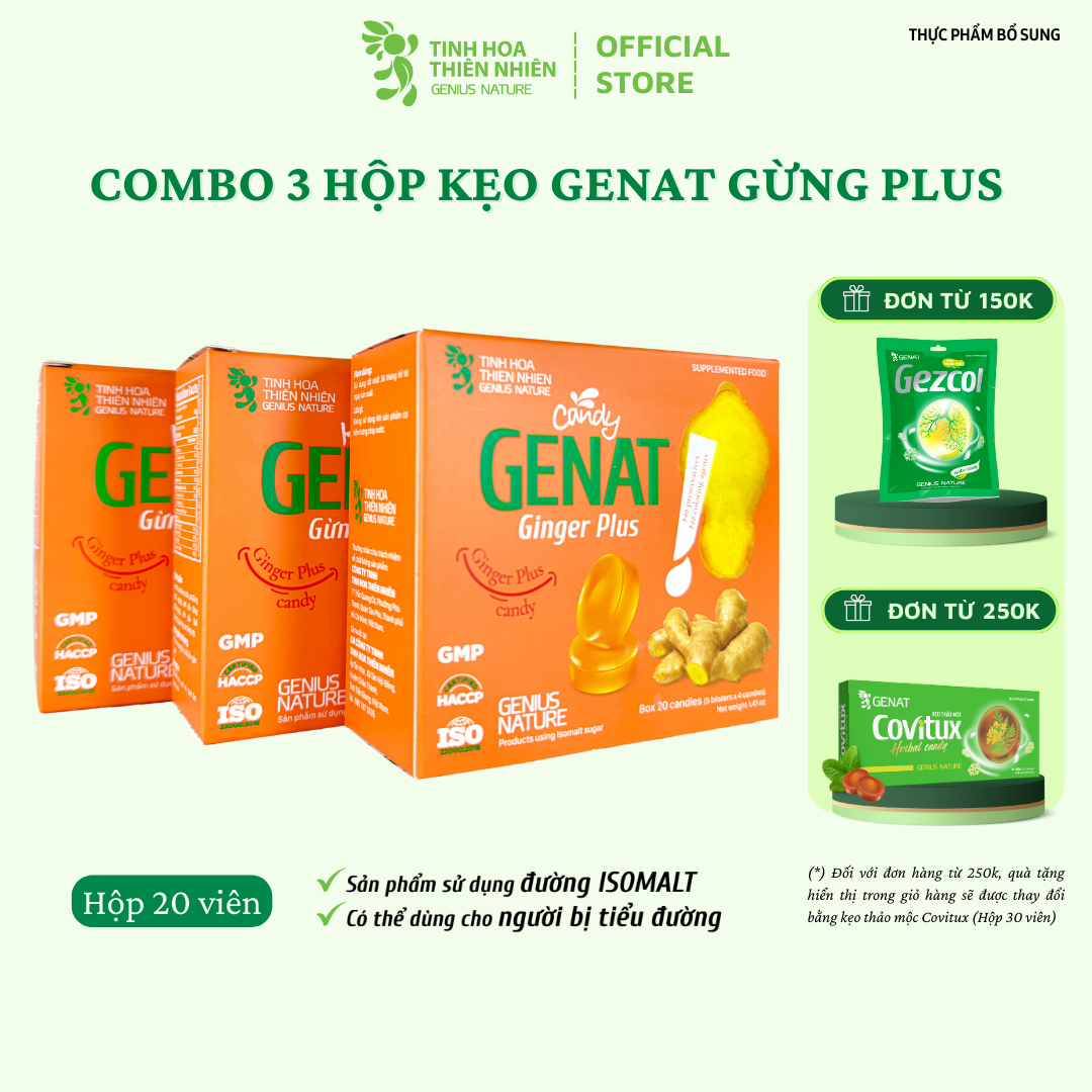 Combo 3 hộp Kẹo Genat Gừng Plus - Isomalt sugar (Hộp 20 viên)